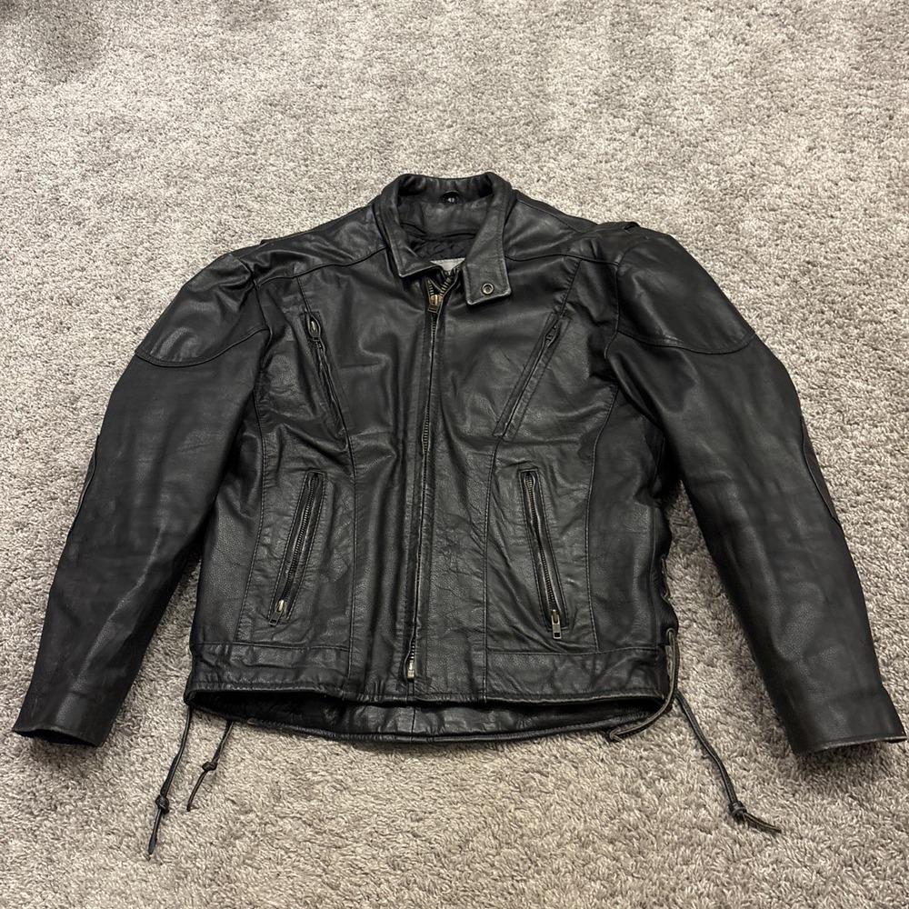 Unik Premium Black Leather Motorcycle Biker Rocker Jacket Mens 42 Strings Pocket